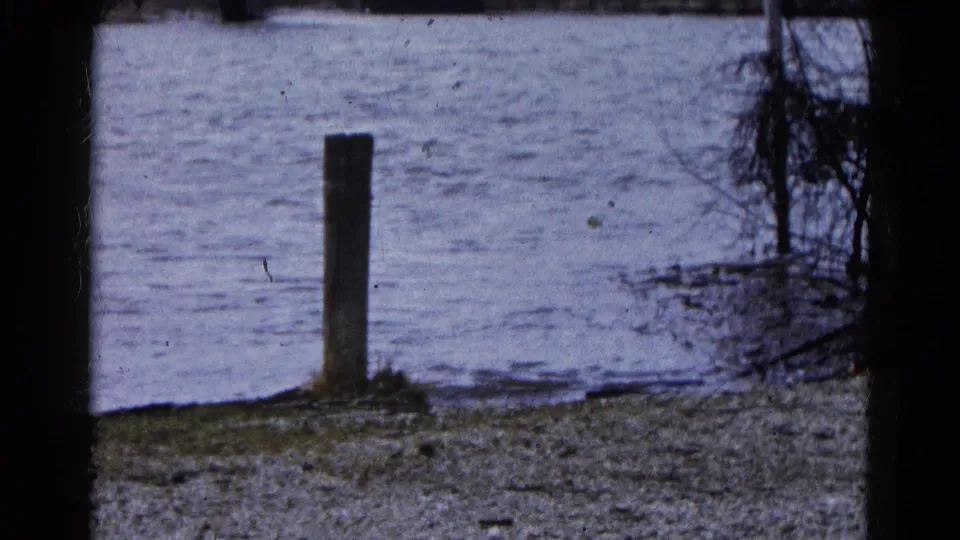 1961 Wauconda home-movie frame showing high water around a wooden post near a sparse shoreline.