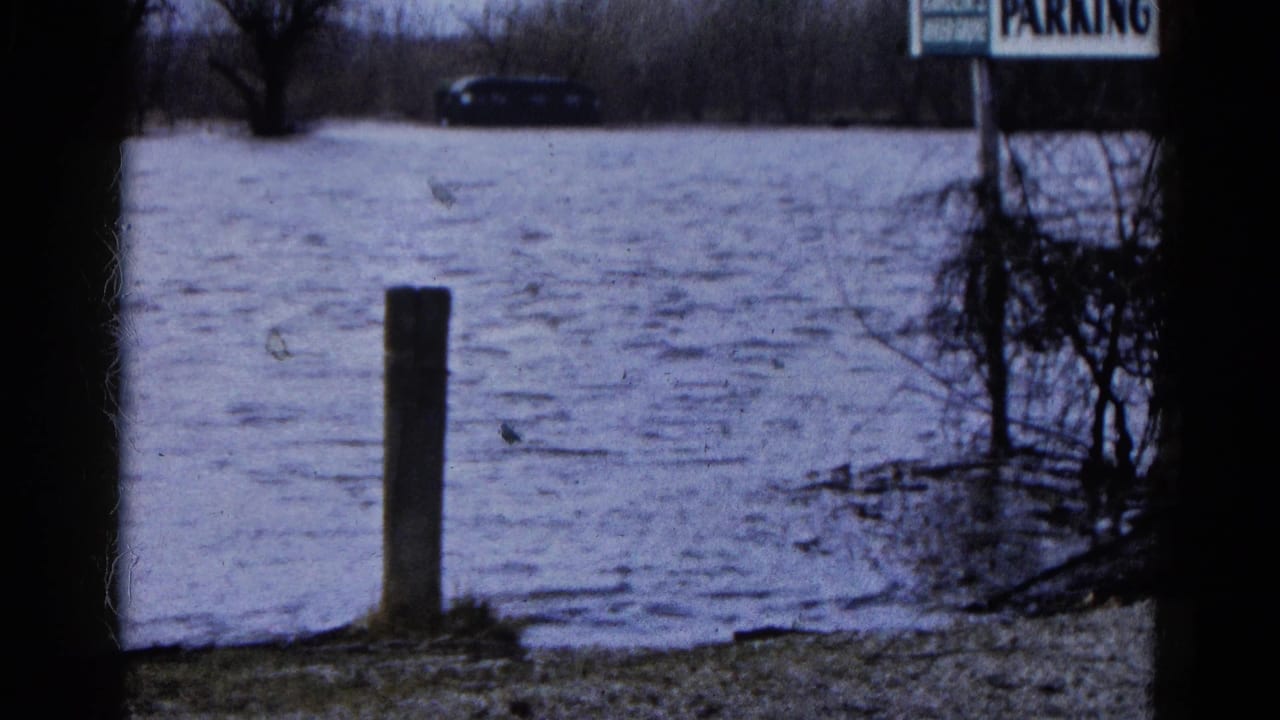 Floodwater surrounds a wooden post, with a dark car and parking sign in the background.