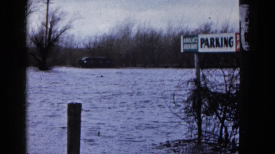 1961 Wauconda, Illinois floodwater scene with a partly submerged parking sign, bare trees, a dark car, brush, and a wooden post.