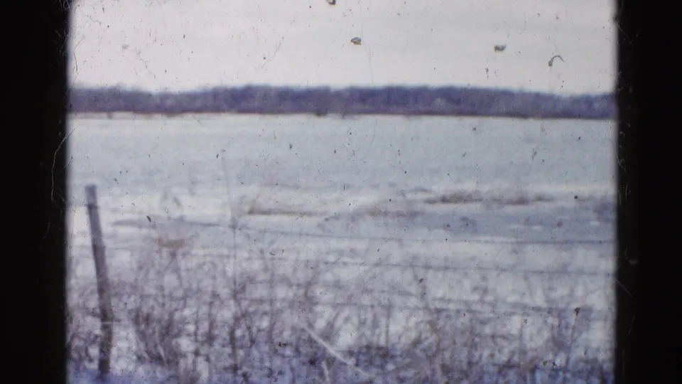 A muted 8mm view of winter countryside in Wauconda, Illinois, with brush and a fence before a distant tree line.