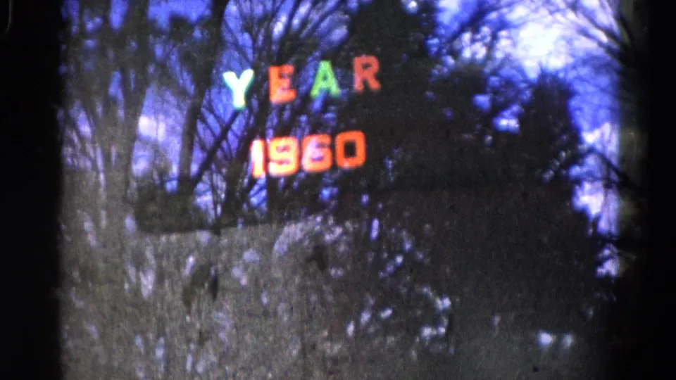 The YEAR 1960 display remains centered in a soft 8mm night view of trees and shrubs in Wauconda, Illinois.