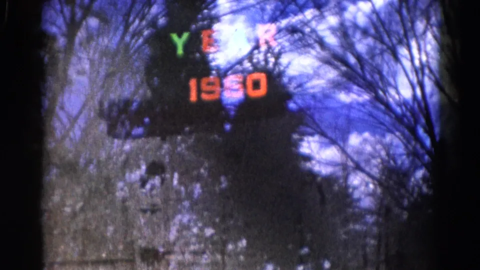 This 1961 Wauconda frame keeps the YEAR 1960 sign visible while bare branches and bluish exposure fill the background.