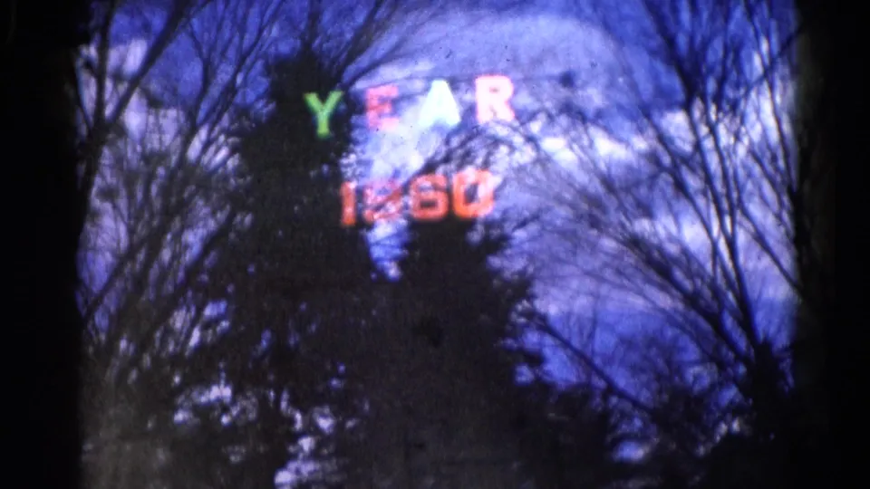 Early-1960s Wauconda home-movie frame with colorful "YEAR 1960" lettering seen through bare trees against a saturated blue sky.