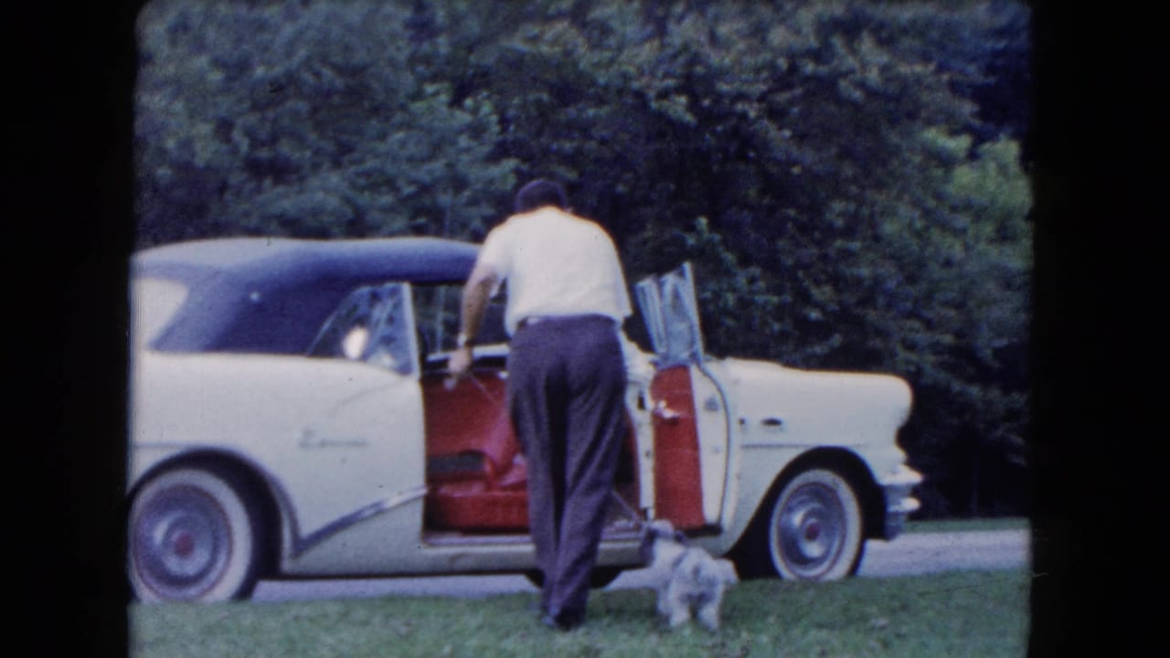 Man opens a white convertible door while a small dog stands on grass beside him.
