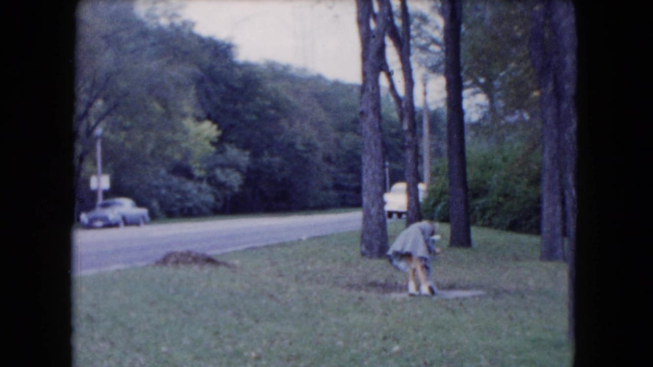 A small child bends on the grass near a roadside in South Carolina, with trees and a passing car visible beyond.