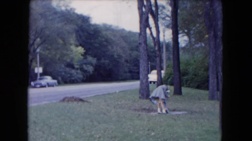 A small child bends on the grass near a roadside in South Carolina, with trees and a passing car visible beyond.