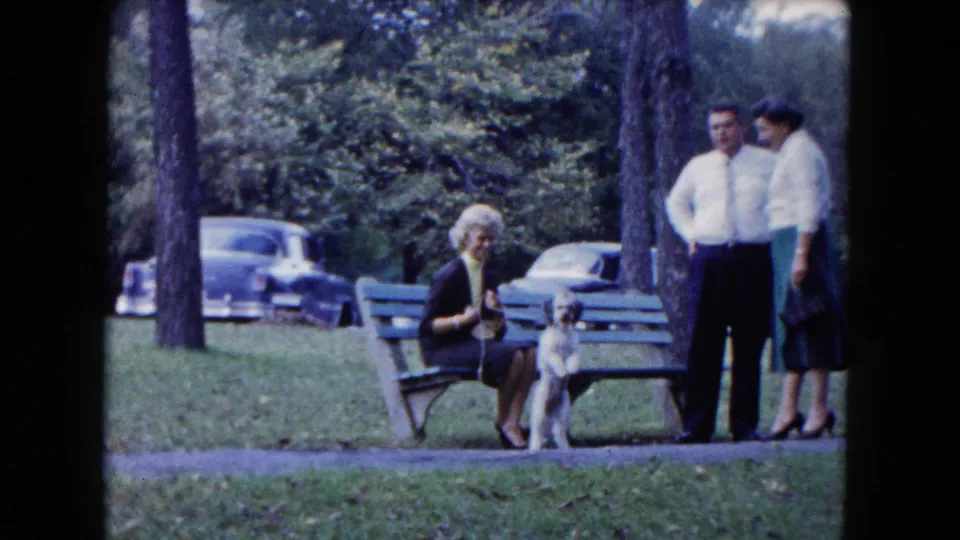1961 South Carolina home-movie frame showing a woman on a green bench with her small dog, adults nearby, and classic cars under trees.