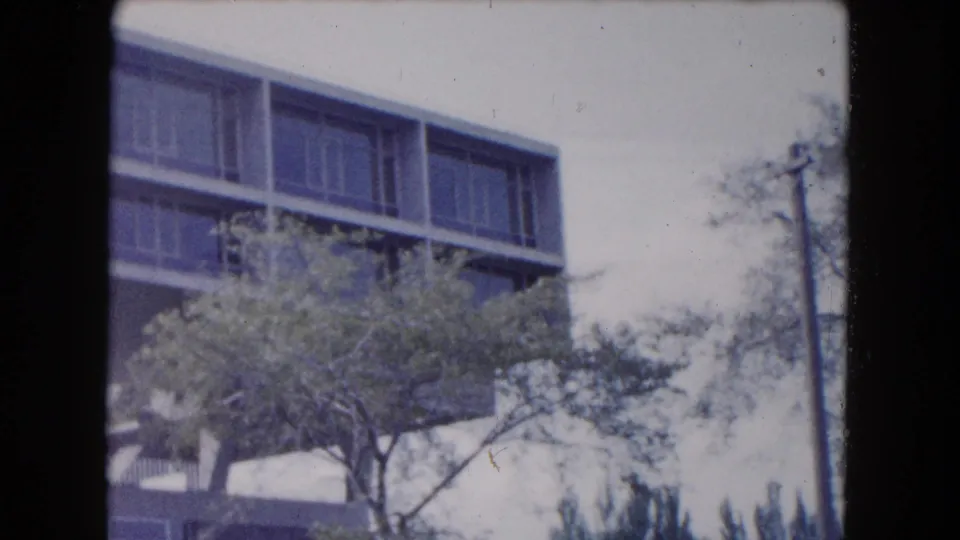 1961 South Carolina 8mm frame showing a modernist apartment exterior behind trees, with a utility pole near the right side.