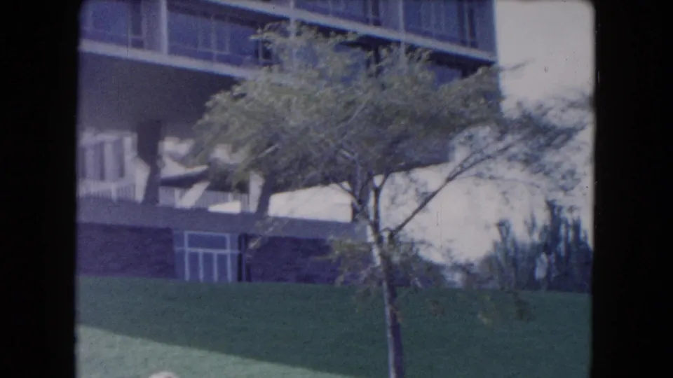 1961 South Carolina frame showing the lower apartment exterior, green lawn, trees, and upper window band in muted 8mm color.