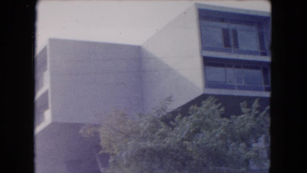 White modern building with a projecting block, dark windows, trees, and pale sky.