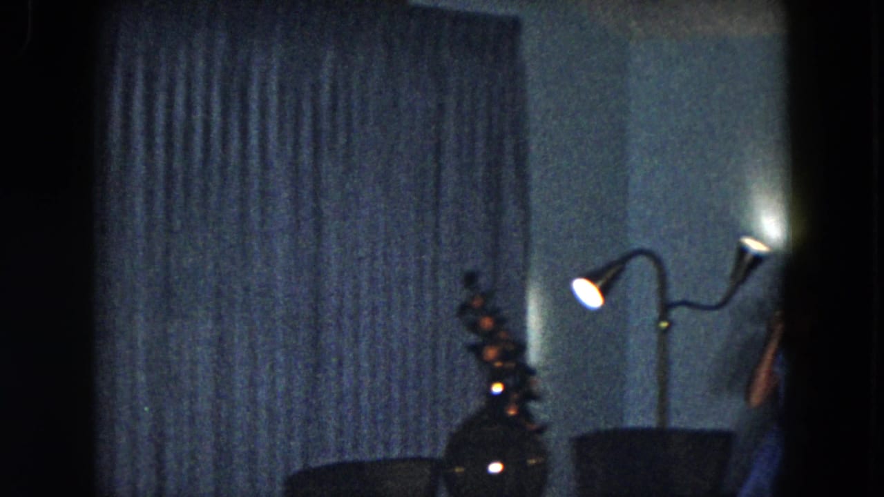 1961 South Carolina interior pan with blue curtains, glowing floor lamp, dark chairs, decorative vase, and a partially visible person at right.