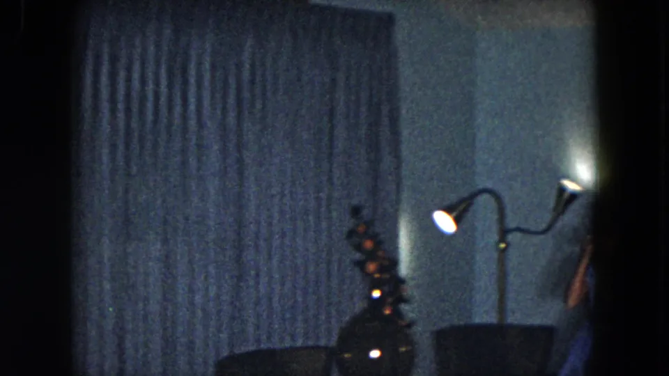 1961 South Carolina interior pan with blue curtains, glowing floor lamp, dark chairs, decorative vase, and a partially visible person at right.