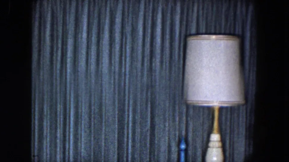 1961 South Carolina living-room detail showing a white-shaded table lamp against blue curtains and a small blue decorative object.