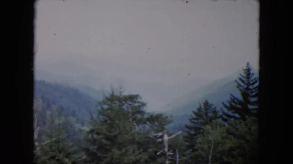 South Carolina 1961 8mm frame of layered mountain ridges, a foggy valley, and evergreen foreground trees.