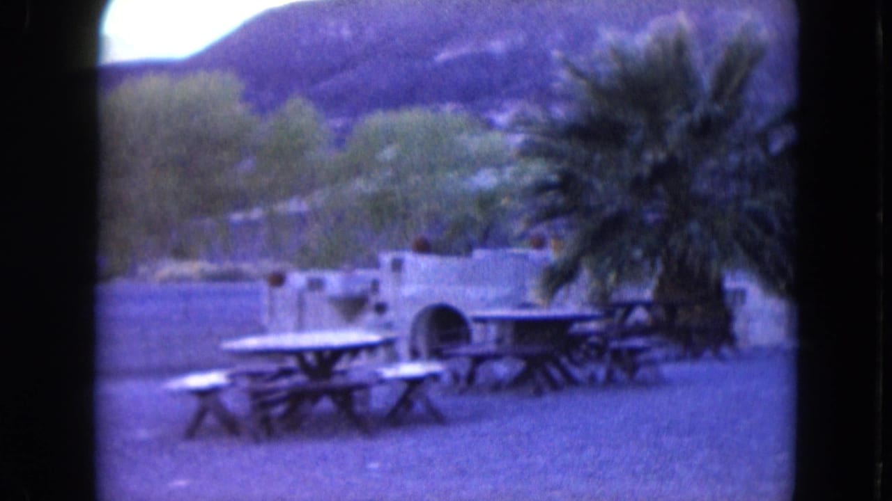 Desert picnic tables, palm trees, stonework, and mountains in a soft 8mm frame.