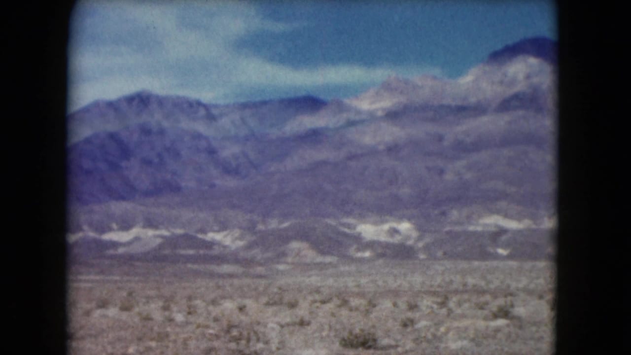 Arid desert plain with sparse shrubs and distant mountains under a pale blue sky.