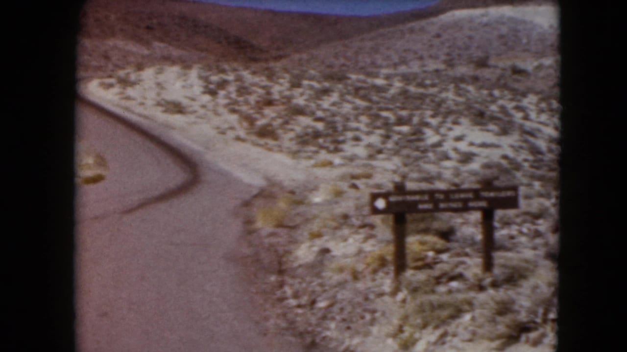 Winding desert road with scrubland, low hills, and a wooden roadside sign.
