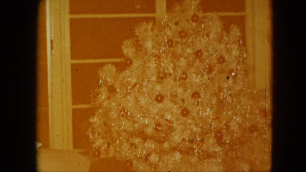 Warm-toned 8mm frame showing a decorated indoor tree near tall window panes, likely from the same 1961 home-movie reel.