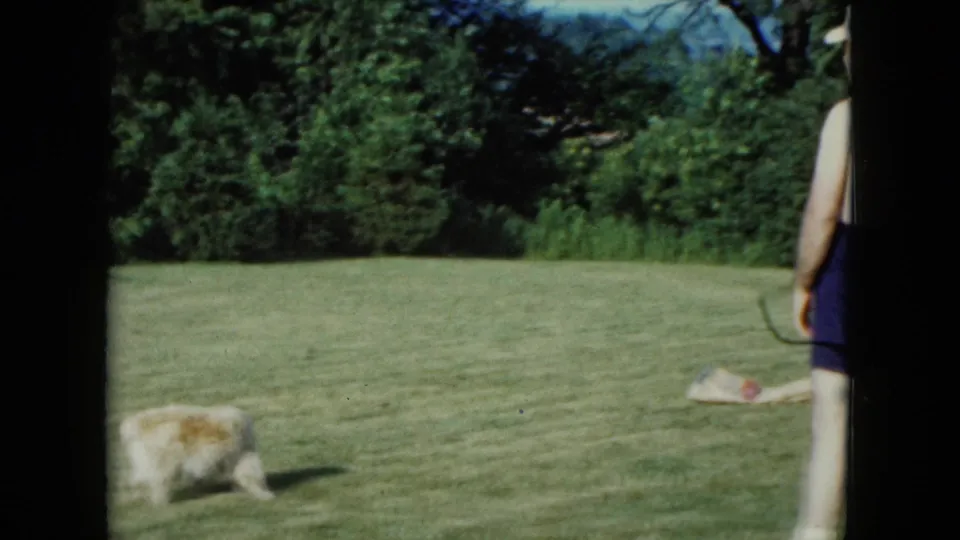 1961 Nevada 8mm frame showing the dog low in the yard as a shirtless adult man in dark trunks appears partly at the right edge.
