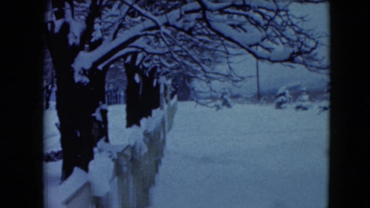 1961 Jamestown, Wisconsin home-movie frame showing a snowy fence line, bare trees, and a quiet winter path.