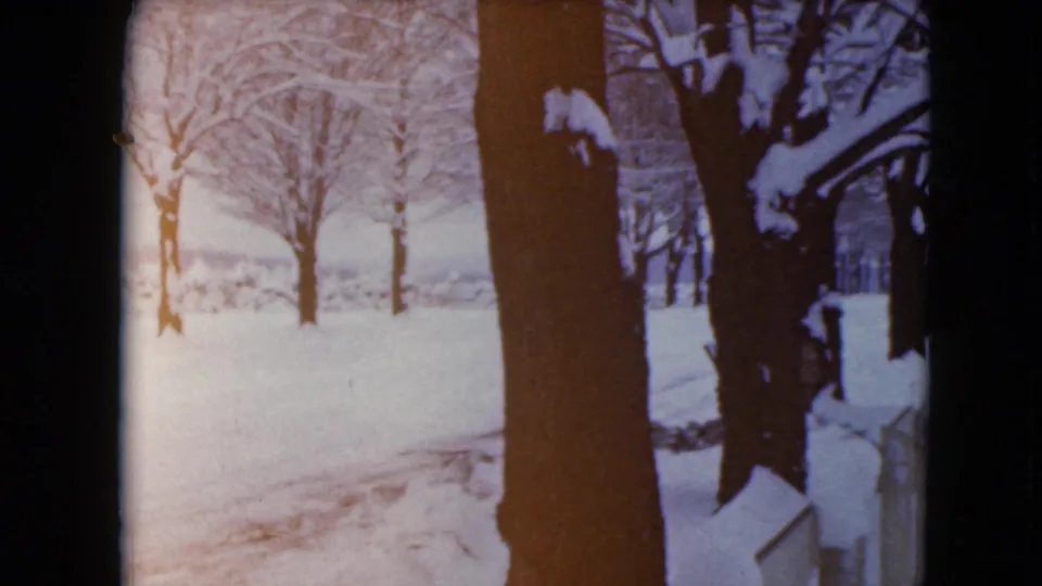 A handheld 8mm view in Jamestown, Wisconsin shows a tree trunk, snow-covered fence, and open winter ground in 1961.