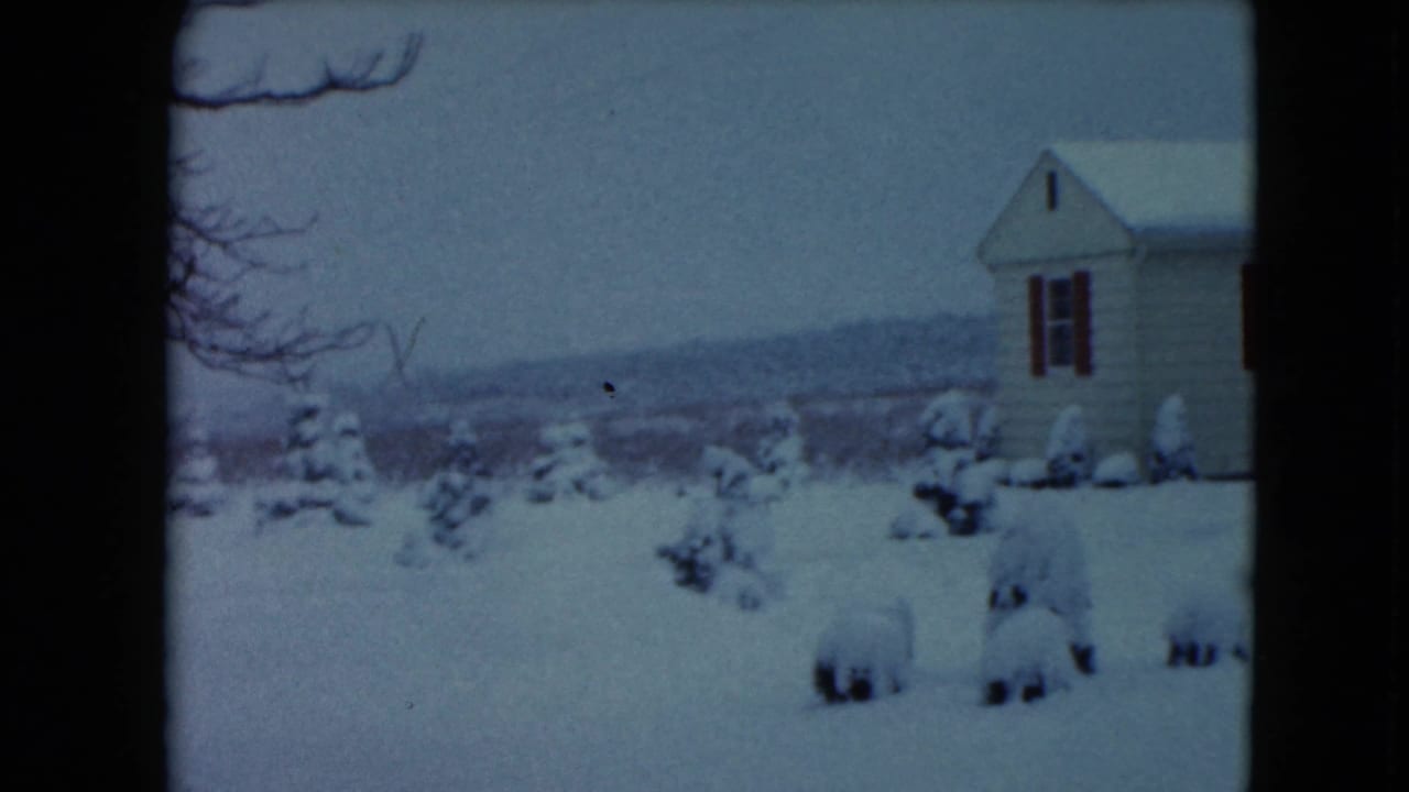 1961 8mm home-movie frame from Jamestown, Wisconsin showing a snowy yard, small evergreens, and a white house with red shutters.