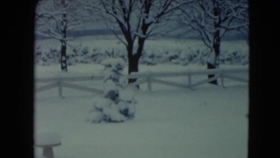 1961 Jamestown, Wisconsin frame of a snow-covered white fence, leafless trees, and a small evergreen shrub in a quiet rural yard.