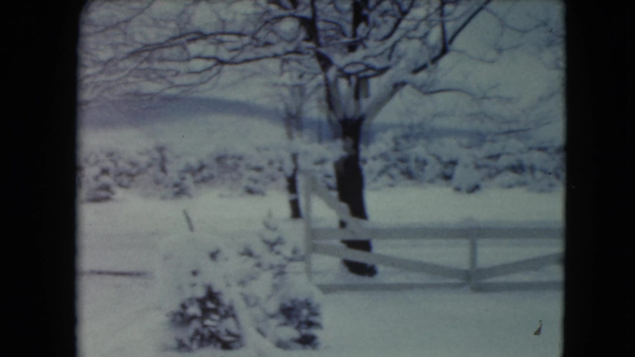 1961 Jamestown, Wisconsin 8mm frame with a snow-covered fence line, bare tree branches, shrubs, and muted hills in the distance.