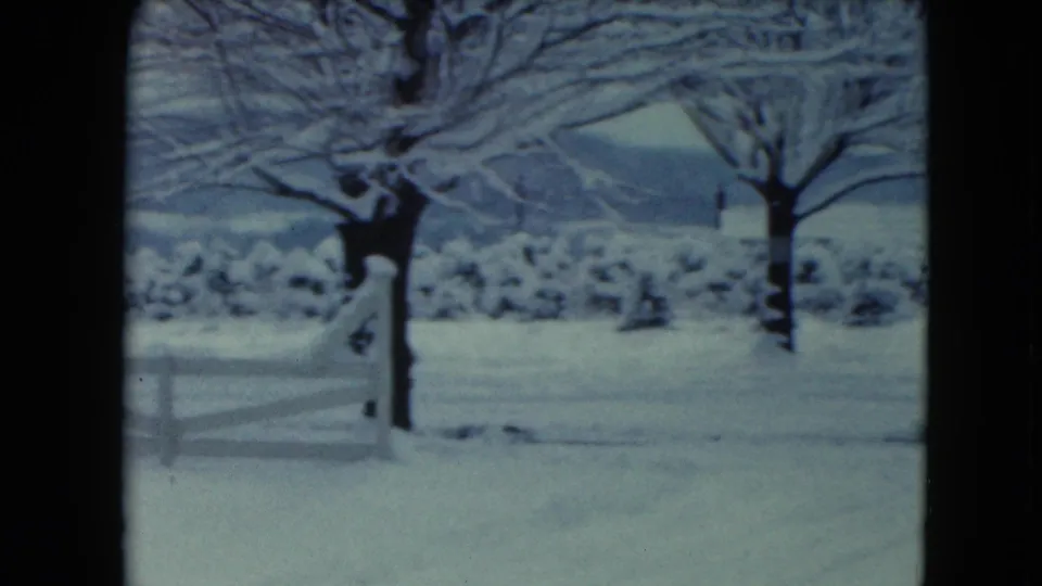 1961 Jamestown, Wisconsin frame showing the pan shifting past a white fence, dark tree trunks, snowy shrubs, and a pale winter horizon.