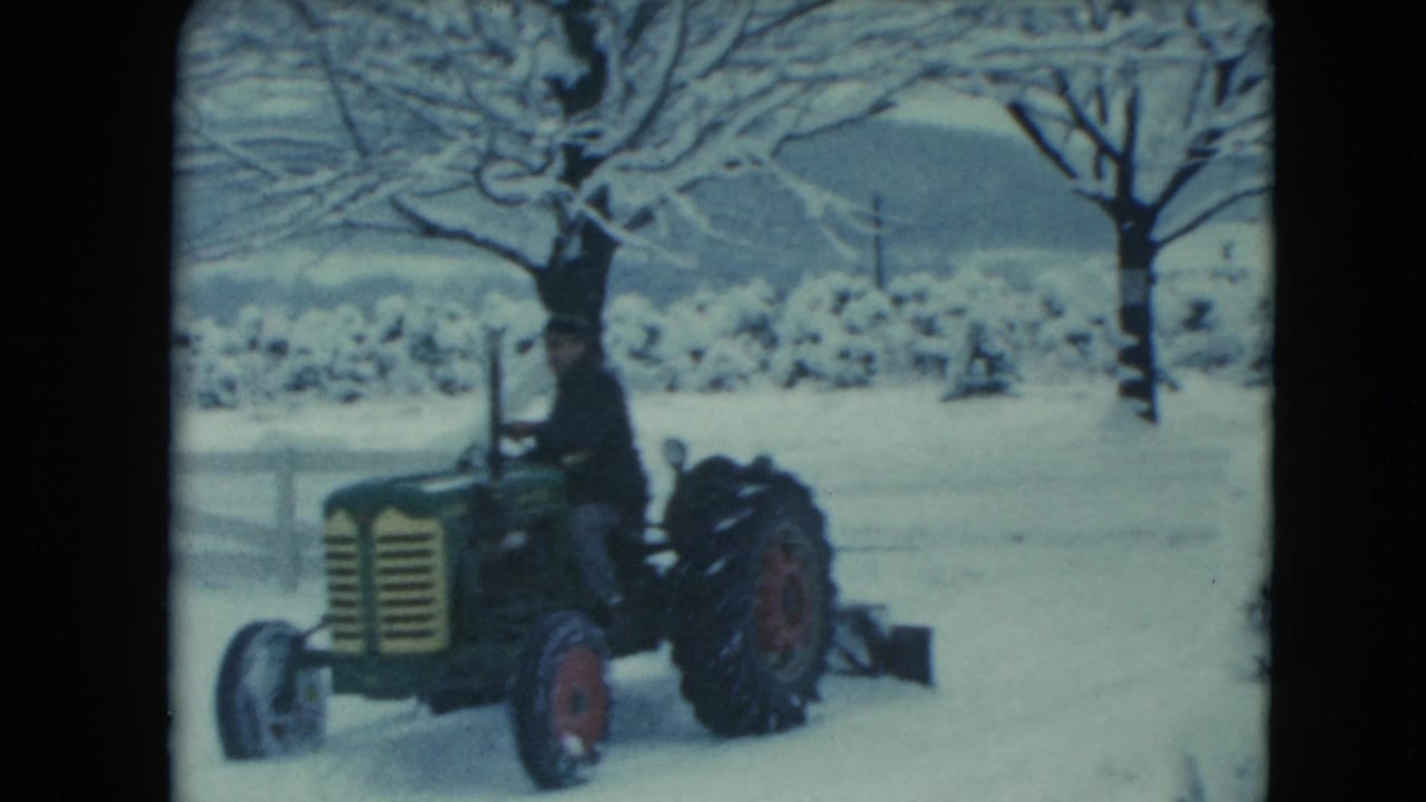 Man driving a green and yellow tractor through snow near bare trees and a fence.