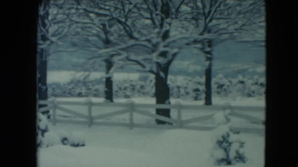 A 1961 rural Wisconsin winter view shows a white fence, snow-laden trees, and the tractor partly leaving frame at left.