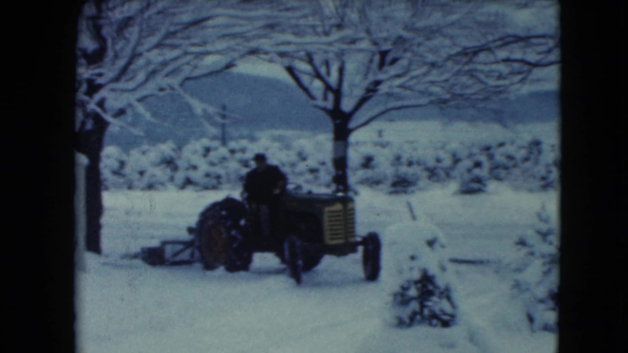 In 1961 Jamestown, Wisconsin footage, a man drives a green tractor with a snow blade through a snowy yard lined with trees.