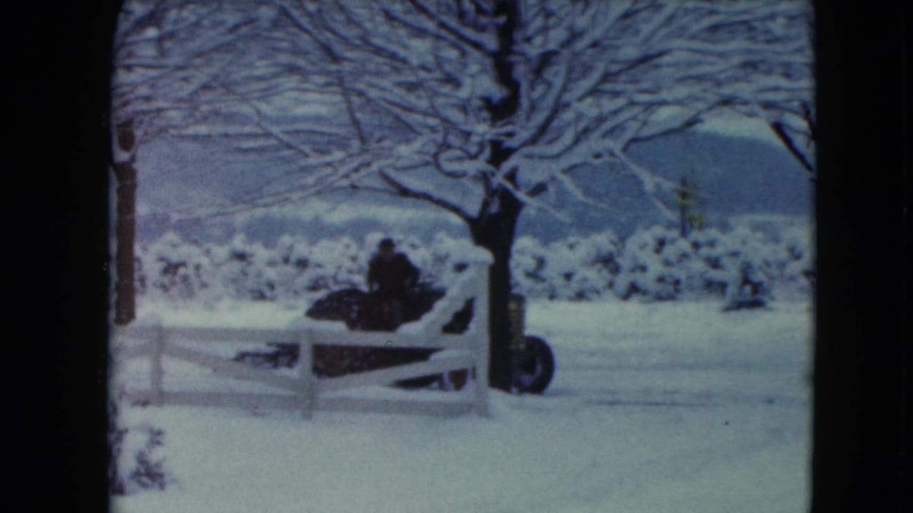 Driver on tractor passes a snow-covered fence and trees in a winter field.