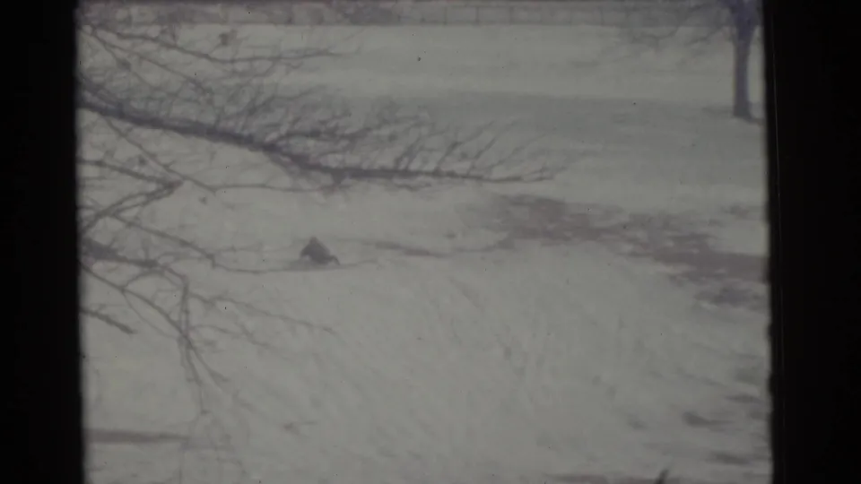 8mm home-movie frame from Camden in 1961 showing branches over a snowy slope and a small dark sliding shape.