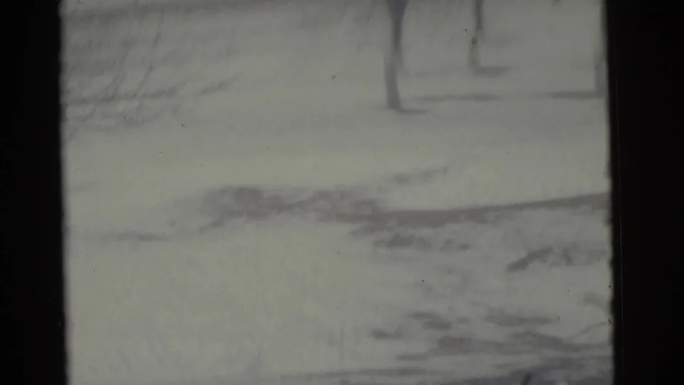 Final soft 8mm frame of the Camden winter scene, with snow, faint tracks, and trees as the distant subject becomes indistinct.