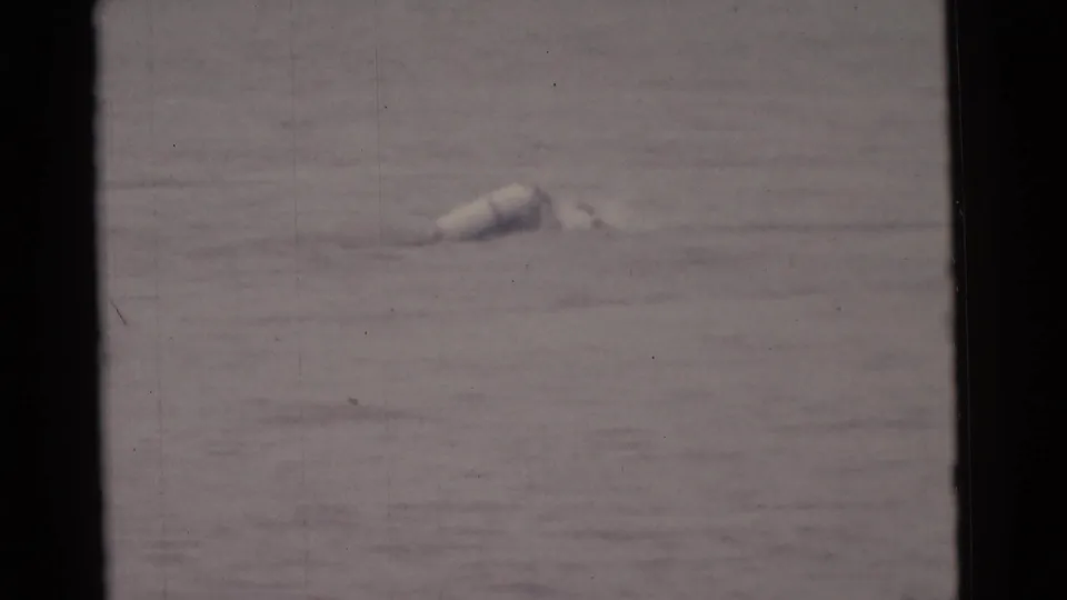 A soft 8mm frame from the Camden clip shows open water and a pale submerged form near the lower left, likely part of the diver or gear.