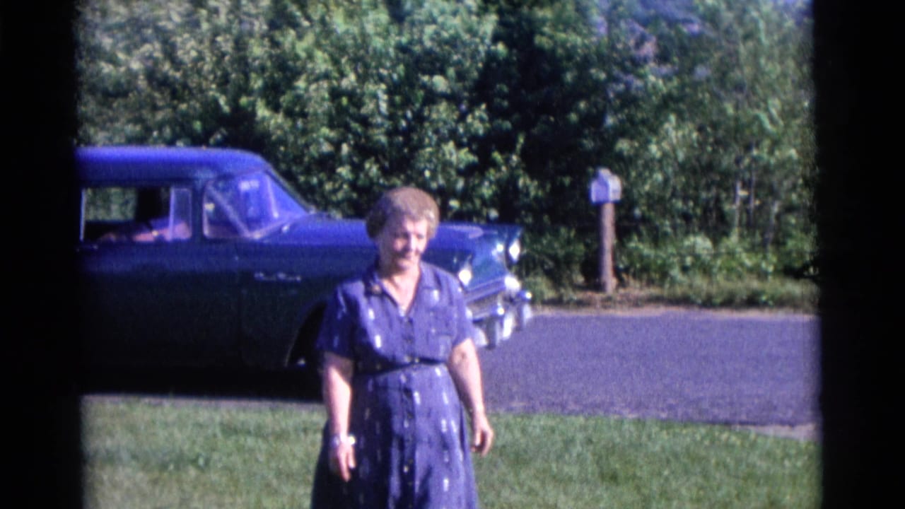 Woman in a blue dress walks on a lawn near a blue car and shrubs.