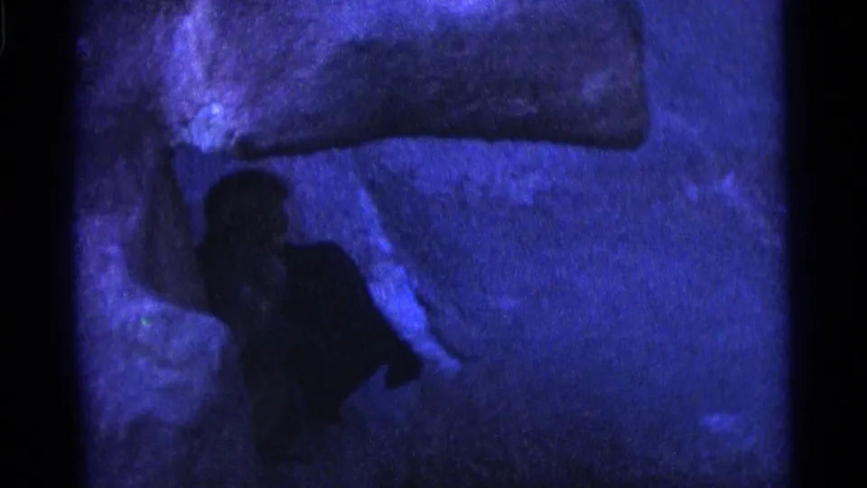 Blue-tinted 8mm frame of a monkey crouched beside stonework in a dim enclosure, supported by the 1961 Camden metadata.