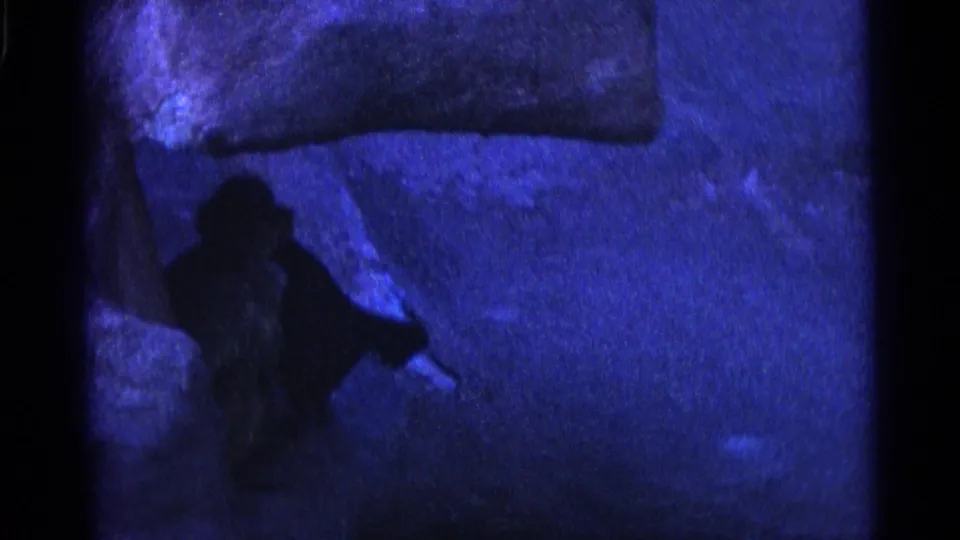 A monkey appears to reach downward in a dim, blue-tinted rocky enclosure in this 1961 Camden 8mm home-movie frame.