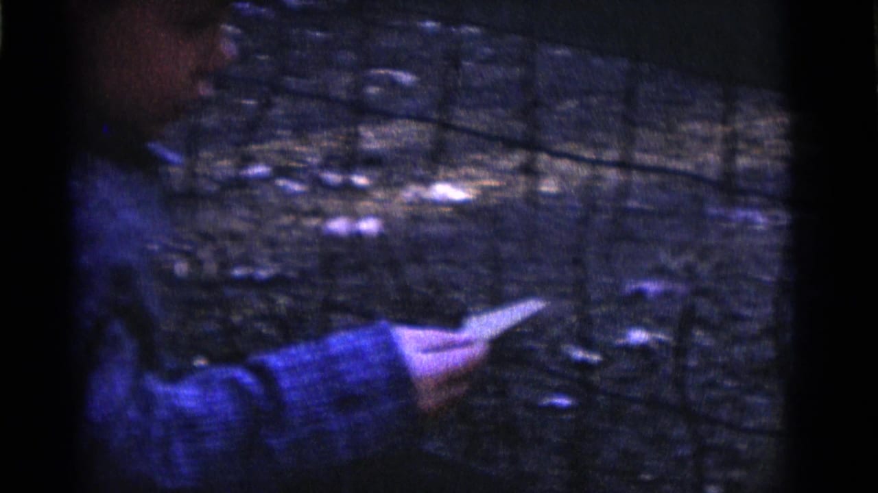 A hand reaches toward a wire animal enclosure with paper or feed in 1961 Camden petting-zoo footage.