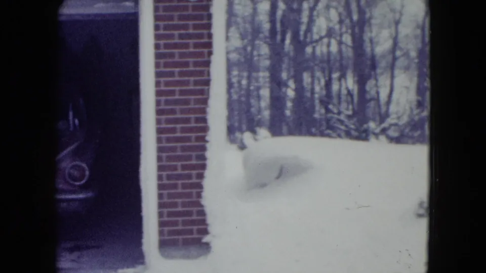 End frame shows a brick residential garage edge, part of a parked car, deep snow, and leafless trees in Madison, Wisconsin.