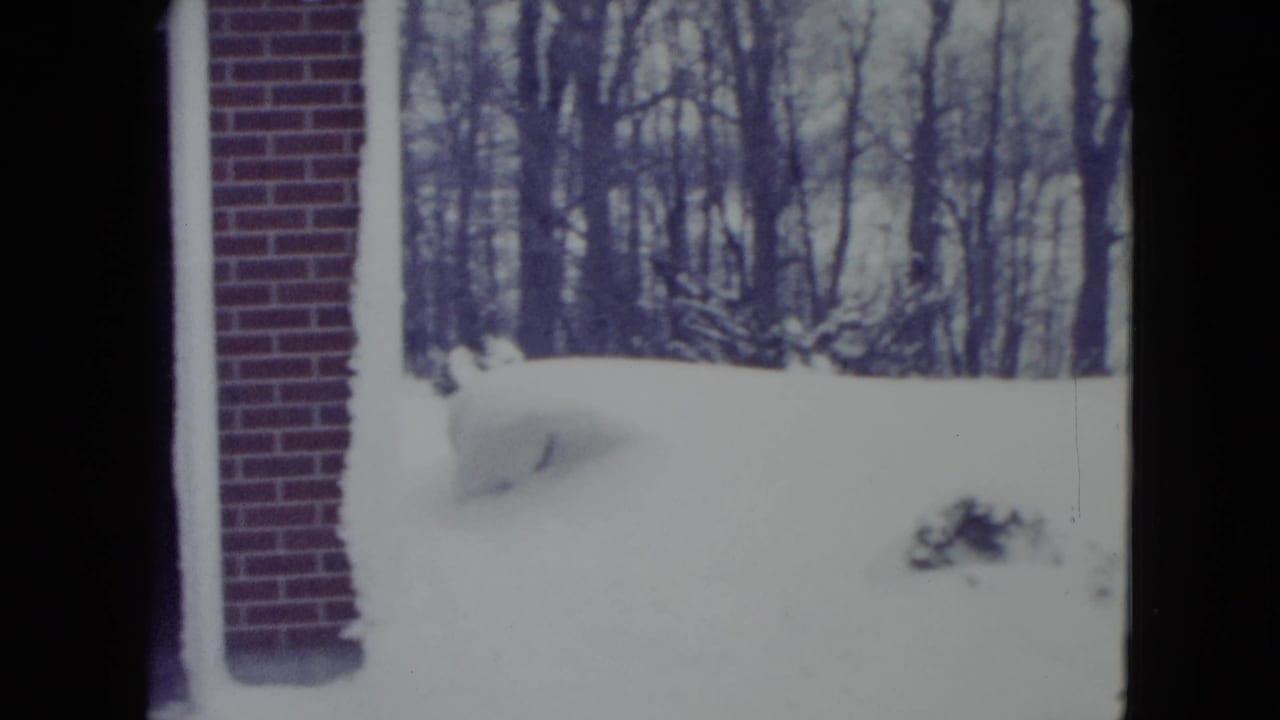 Snow-covered yard beside a brick building corner with bare trees behind it.