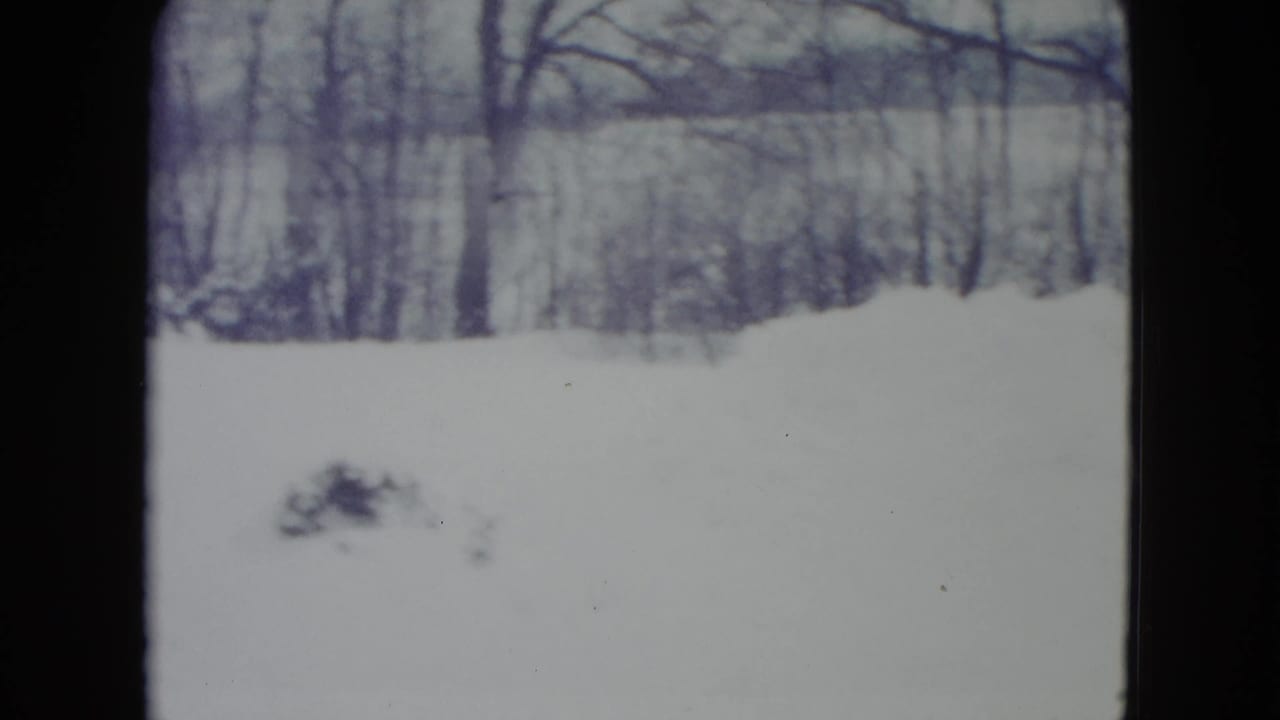 1960 Madison winter frame with deep snow across the yard, bare trees, and a distant wooded hillside.