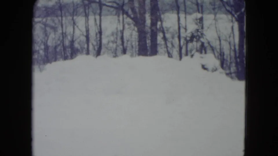 1960 Madison 8mm frame showing a snow-covered open yard, leafless trees, and a small dark form partly surrounded by snow.