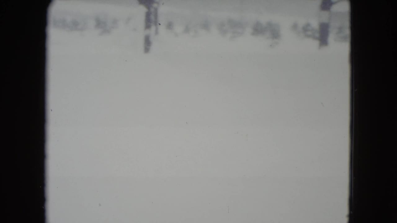 Bright snowy field with faint horizon trees and a dark vertical film border.