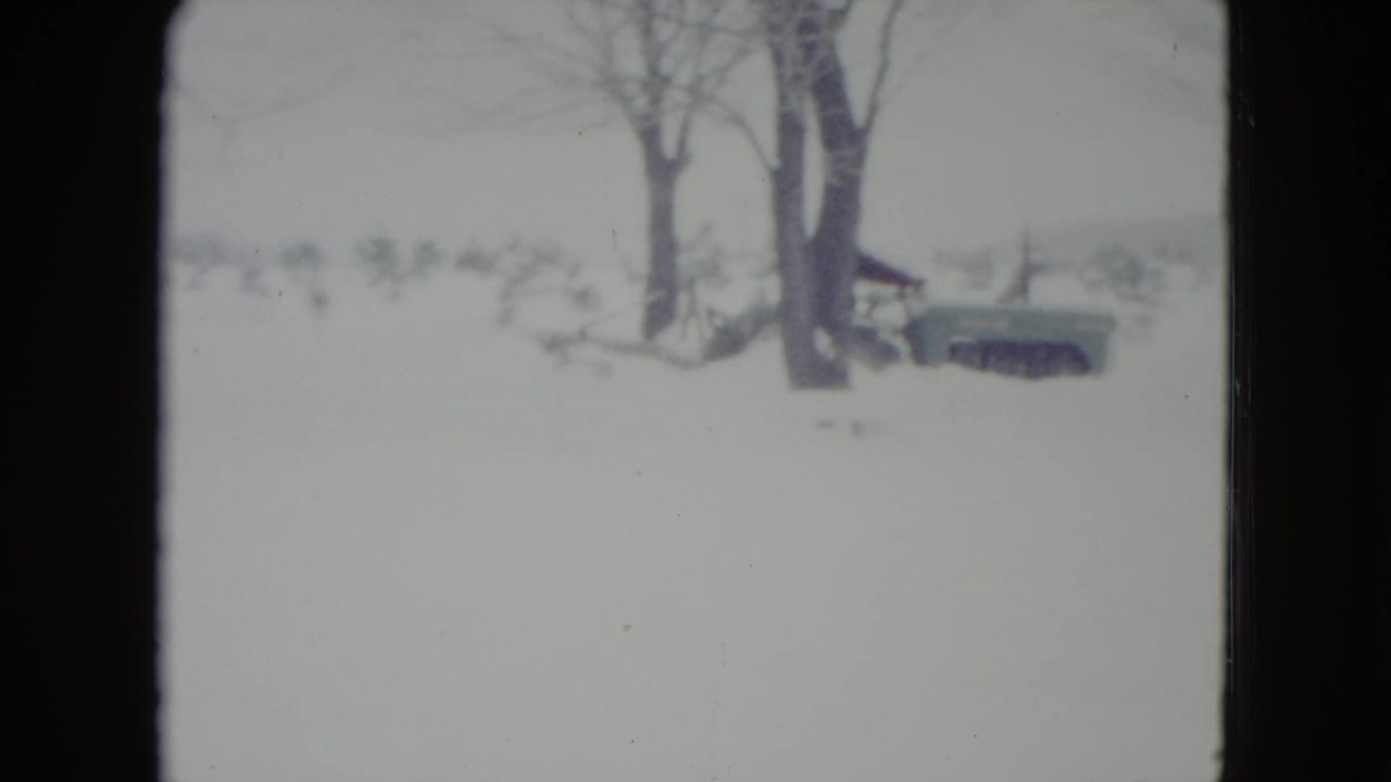 1960 Madison, Wisconsin 8mm frame showing a snow-covered yard, bare trees, and a small plow or tractor beyond the foreground snow.