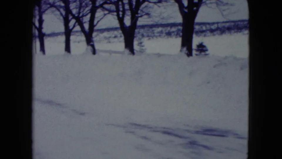 1960 Madison 8mm frame showing deep snow, bare tree trunks, small evergreens, and an open field beyond.
