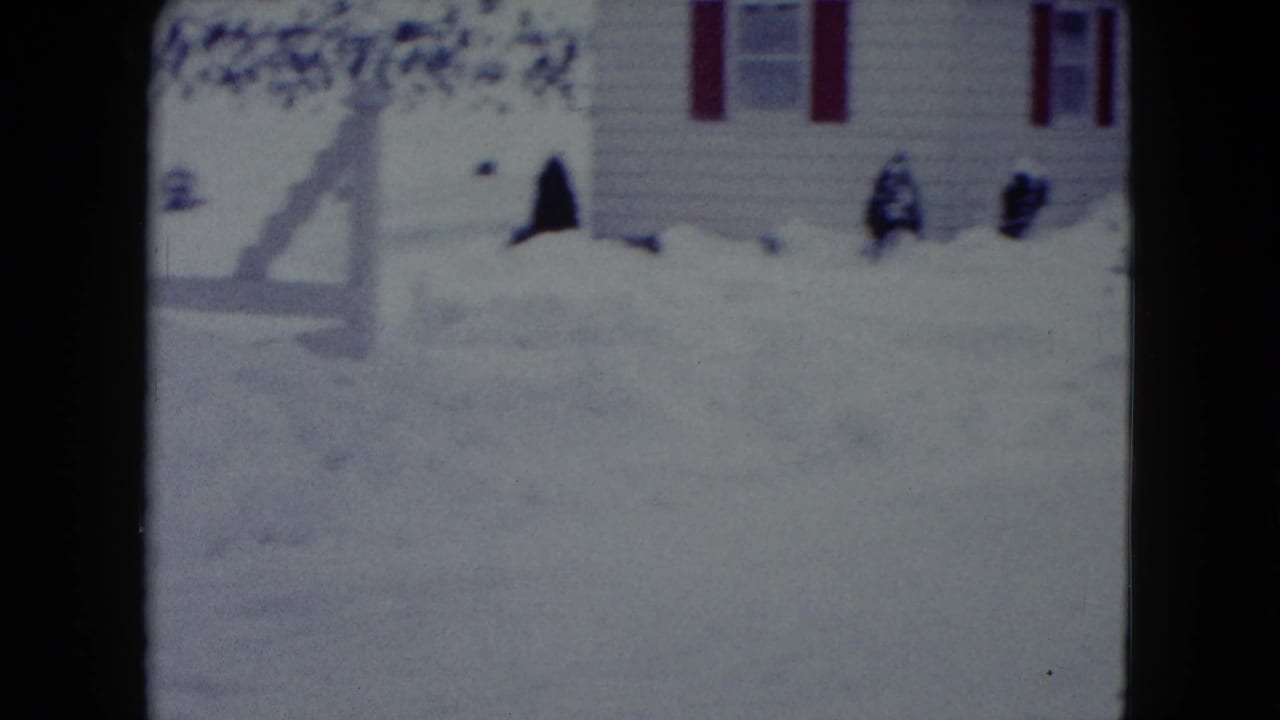 Snow-covered side of a house with red shutters and shrubs partly buried in snow.