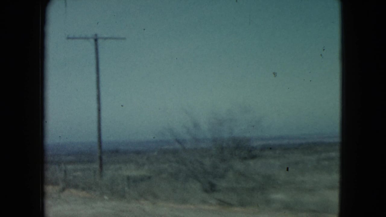 Passing roadside view with a utility pole, pale sky, brown field, and leafless brush.