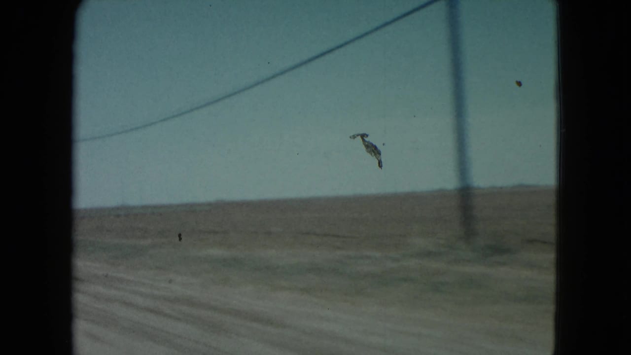 1960 Nevada 8mm frame from a moving car showing a utility pole, wires, and open rural terrain.